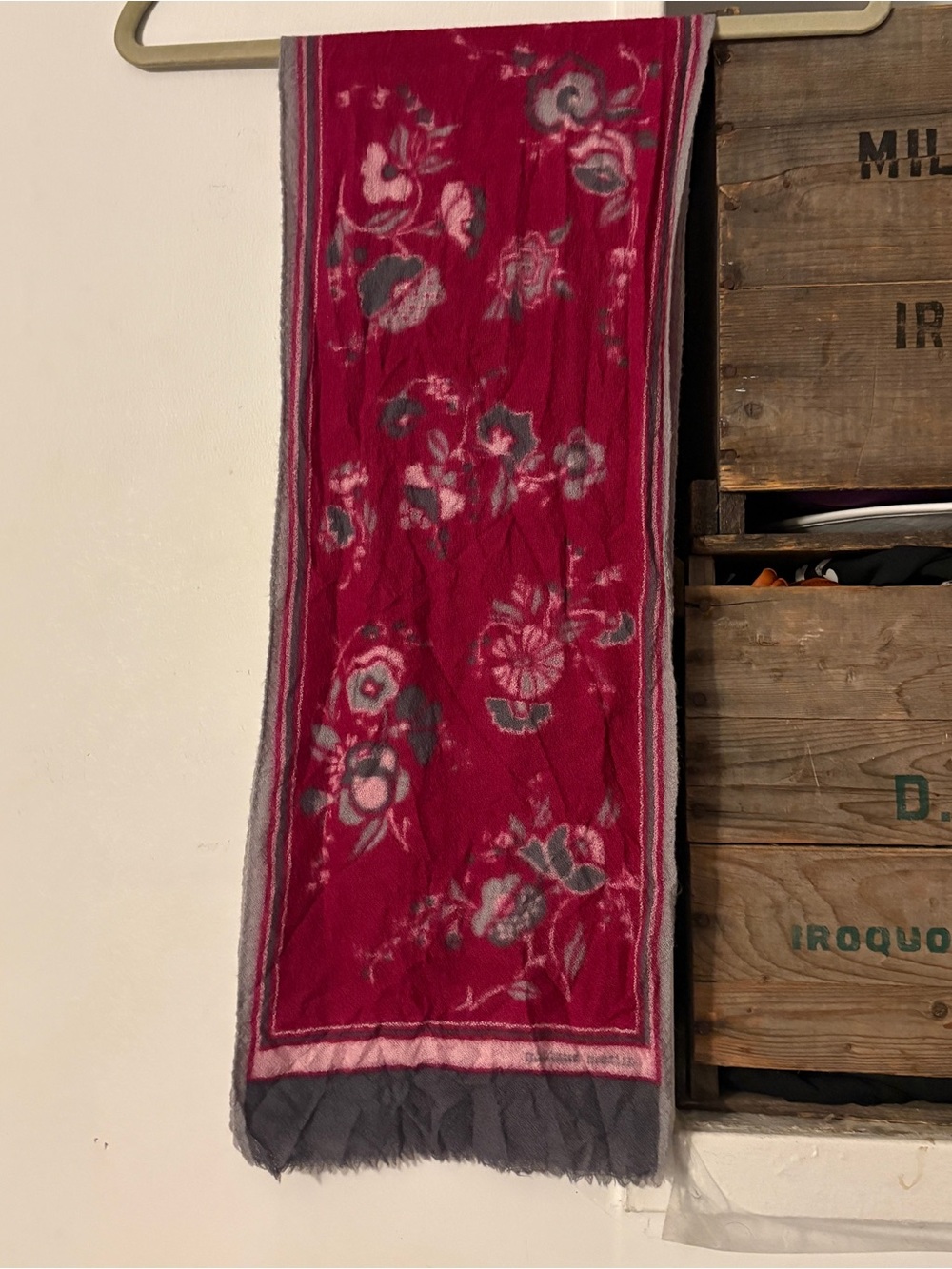 Floral Pattern Magenta and Gray Pashmina Style Long Rectangle Scarf with Fringe